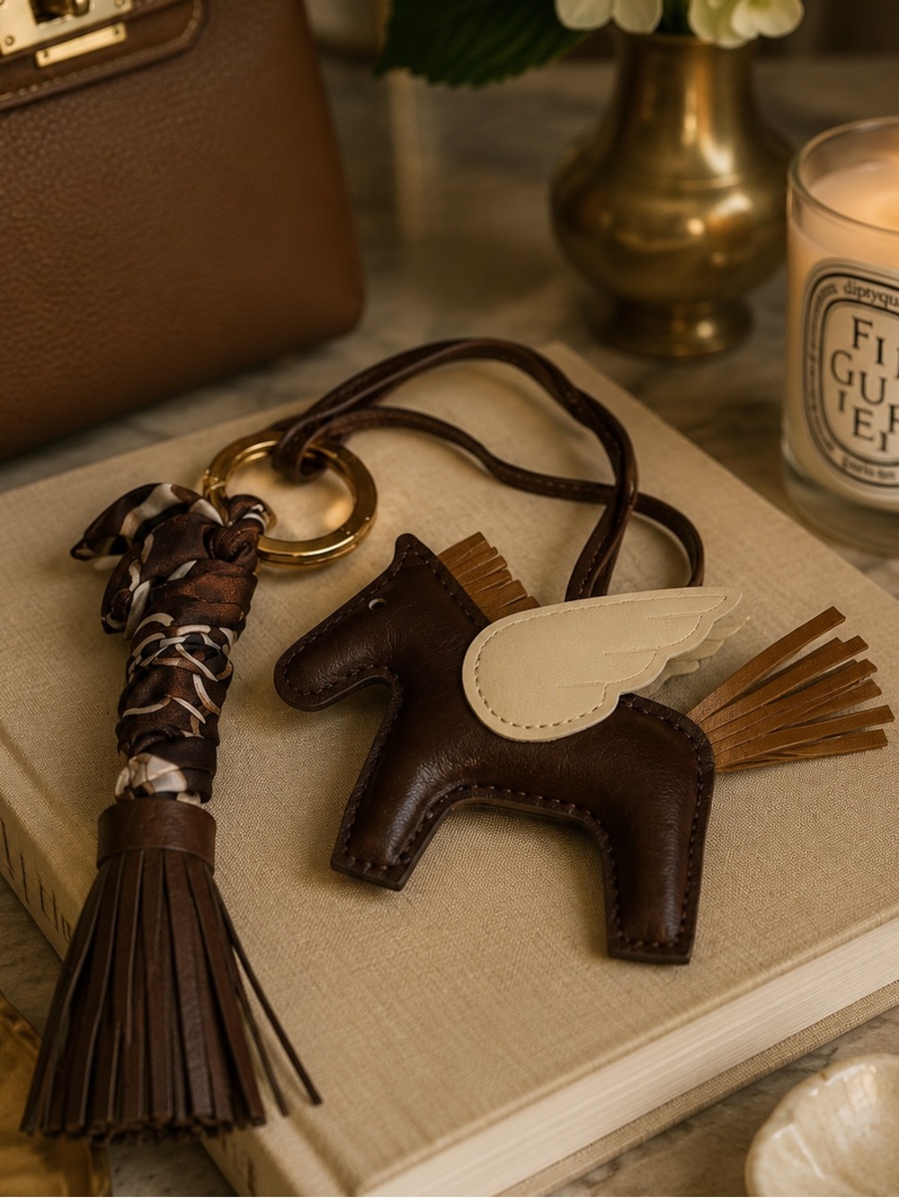 Winged Horse Bag Charm | Tassel Keychain | Brown Faux Leather Bag Accent Piece